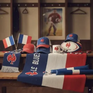 Accessoires supporters rugby France – drapeaux, casquettes, mugs, écharpes et ballons pour encourager les Bleus.