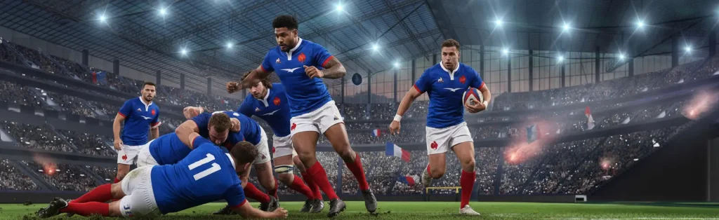Match de rugby France contre Angleterre – joueurs en maillot bleu avec ballon en main, affrontement en plein contact sur le terrain.