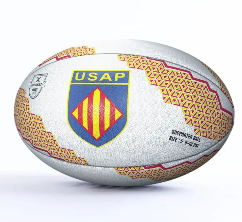 Ballon de rugby Gilbert officiel aux couleurs de l'USA Perpignan taille 5 avec logo du club.