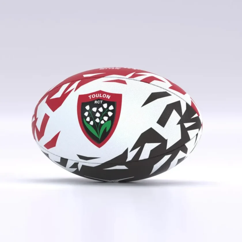 Ballon de rugby rouge et noir du club de Toulon, avec logo officiel du club, en taille 5