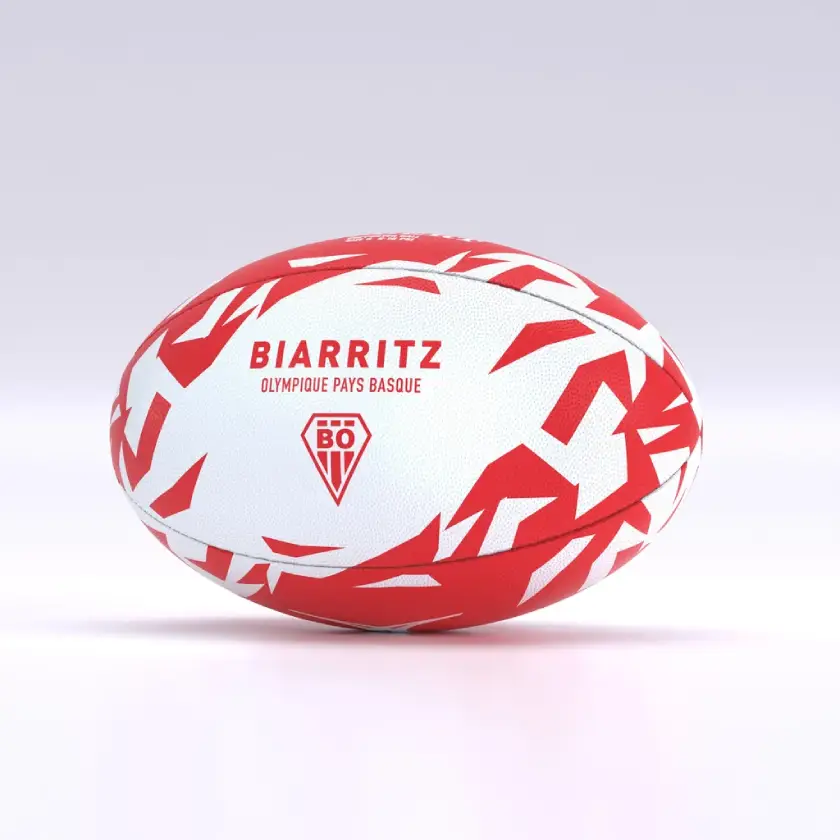 Ballon Gilbert supporter Biarritz Olympique taille 5. Robuste, texturé, idéal jeu récréatif et collection. Blanc et rouge, logo officiel BO.