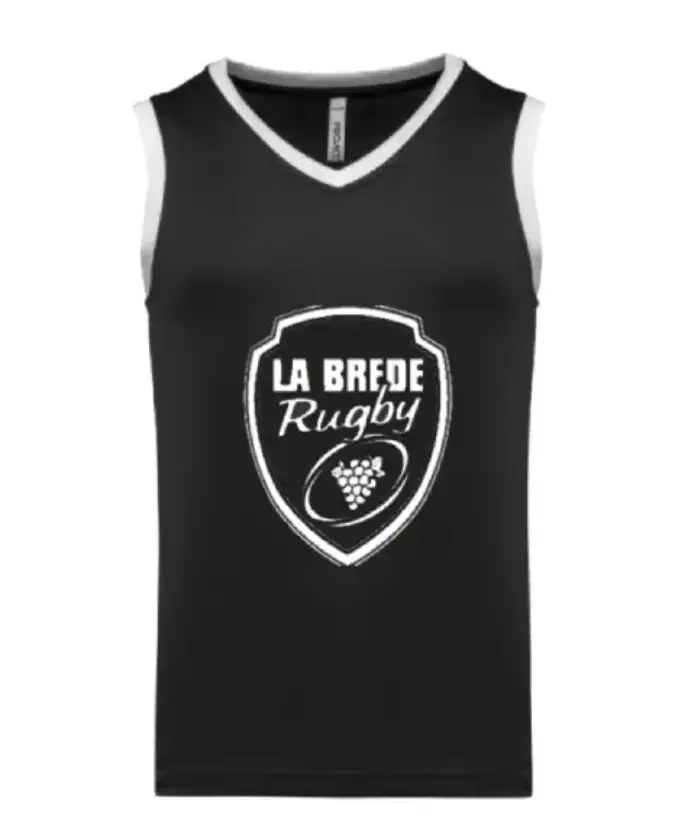 Débardeur Enfant La Brède Rugby noir avec col en V, finitions blanches et logo officiel du club en marquage blanc.