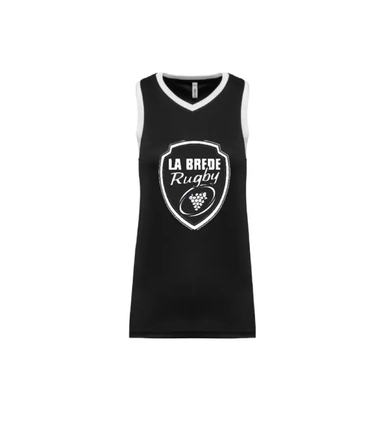 Débardeur Femme La Brède Rugby noir avec col en V, finitions blanches et logo officiel du club en marquage blanc.