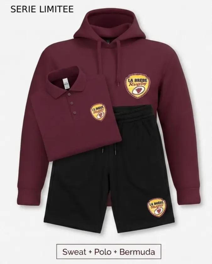 Pack joueur La Brède Rugby comprenant un polo bordeaux, un sweat à capuche bordeaux et un bermuda noir avec le logo officiel du club.