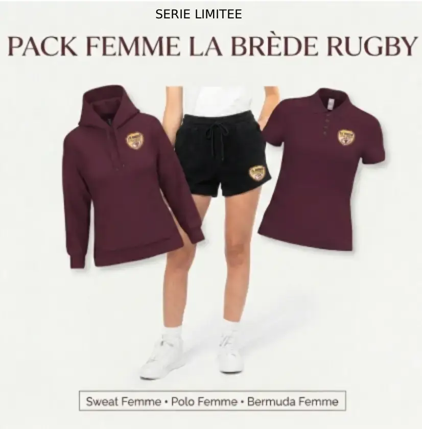 Pack La Brède Rugby Femme comprenant un sweat bordeaux, un polo bordeaux et un bermuda noir avec le logo officiel du club.