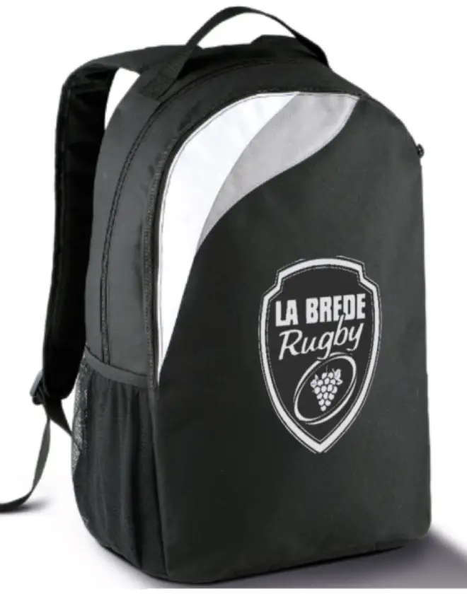 Sac à dos La Brède Rugby 16L noir avec logo officiel du club, poche avant zippée et poche latérale en filet.