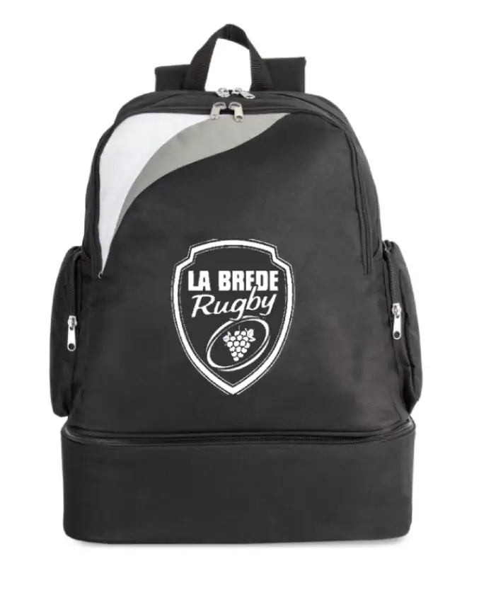 Sac à dos La Brède Rugby 39L noir avec logo officiel, compartiment rigide pour chaussures et multiples poches zippées.