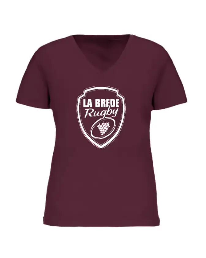 T-shirt La Brède Rugby Femme avec col V et logo officiel du club imprimé sur la poitrine.