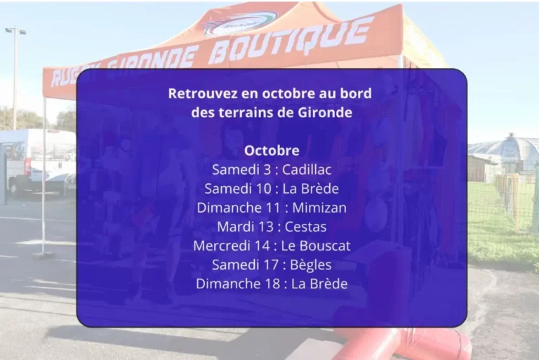 calendrier de présence de la boutique RGB Rugby en octobre en Gironde