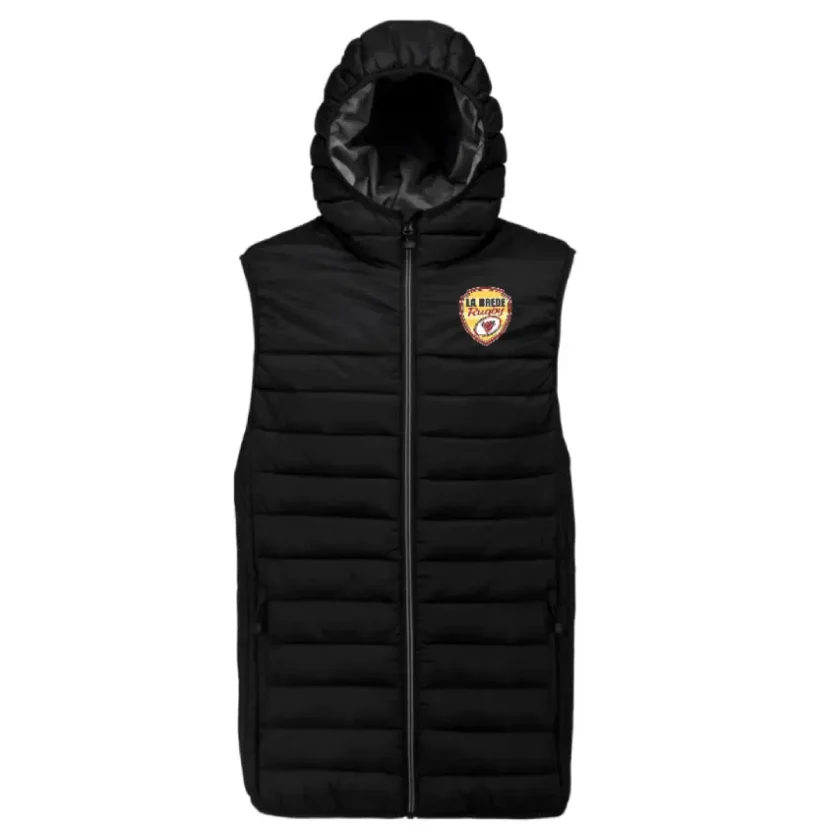 Bodywarmer à capuche noir La Brède Rugby adulte avec logo du club brodé sur le cœur.